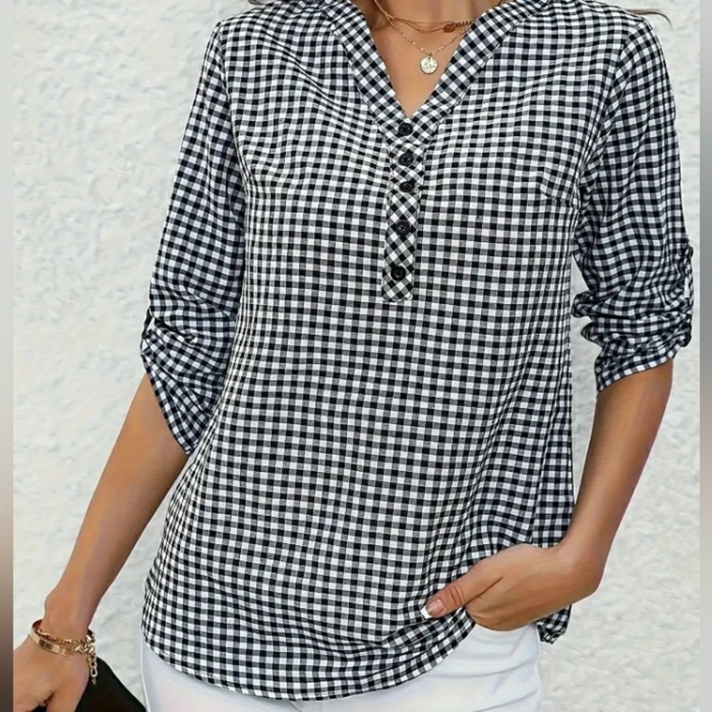 Women's Plus Size Black and White Checkered Tunic-length Top, NWT